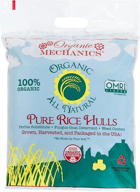 Organic Mechanics Pure Rice Hulls, 8 qt (Pack of 4) - Sustainable Alternative to Perlite - Enhances Drainage, Porosity and Air Space - Eco-Friendly