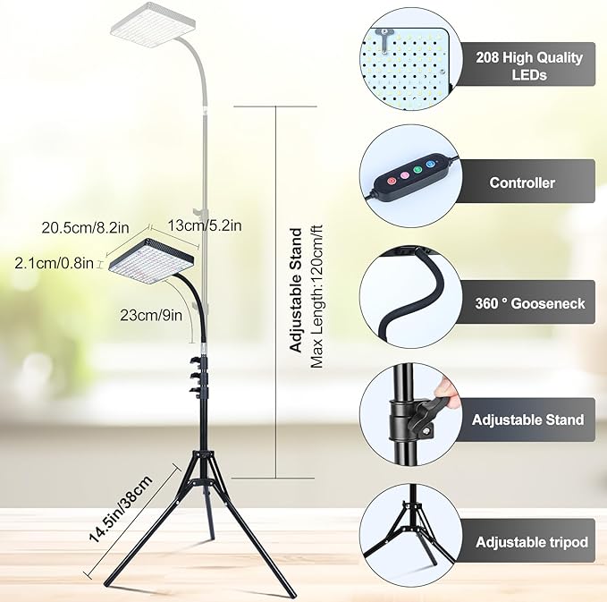 Grow Light with Stand and Timer, 25 Watt Power Home Plug Standing Tall Plant Light, Full Spectrum Grow Lights for Indoor Houseplants, Bonsai Tree, Seed Starting, 24"-64" Height Adjustable