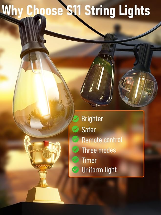luckystyle 30FT LED Outdoor String Lights with Remote, 10+ 1 Shatterproof Bulbs Waterproof and Dimmable Patio Lights for Porch, Garden, Backyard, Deck, Balcony, 2700K Hanging Lighting