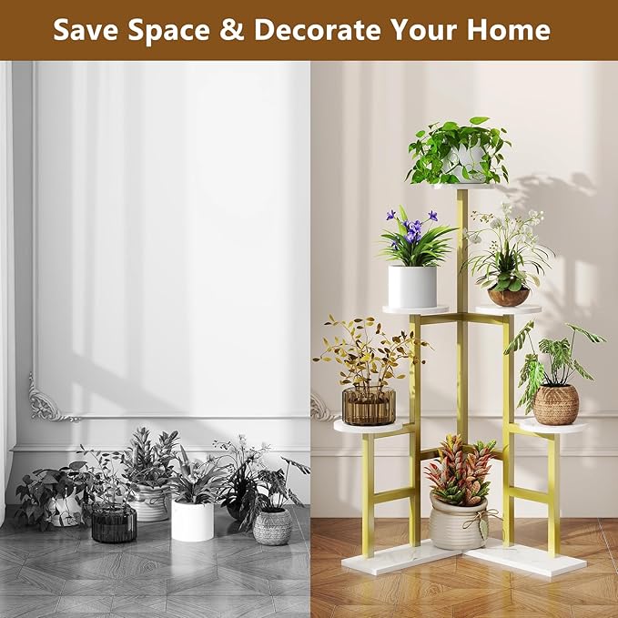IBUYKE 6 Tier Plant Stand Indoor, Tall Flower Pot Stand for Multiple Plants, Tiered Corner Plant Shelf for Living Room Patio Balcony Garden, , Gold TMJ072G