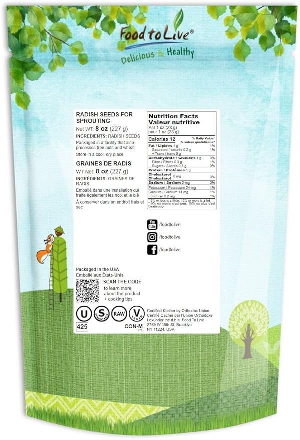 Food to Live Radish Seeds for Sprouting, 8 Ounces – Edible Seeds, Pure, Vegan, Kosher, Bulk. Rich in Vitamin C. High Germitation Rate. Grow Sprouts, and Microgreens for Salad, Sandwiches, Rolls.