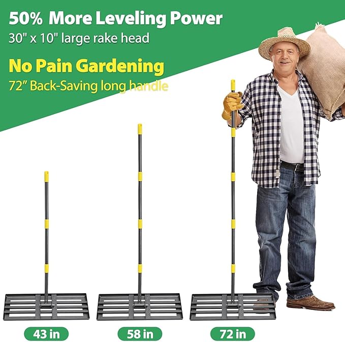 Lawn Leveling Rake, 6 FT Ground Lawn Leveler with 30 x 10 Wide Large Rakes Head for Smooth Garss Soil Dirt Sand, High Effect Yard Leveling Tool with Round Edge forGarden Golf Course, No Flip