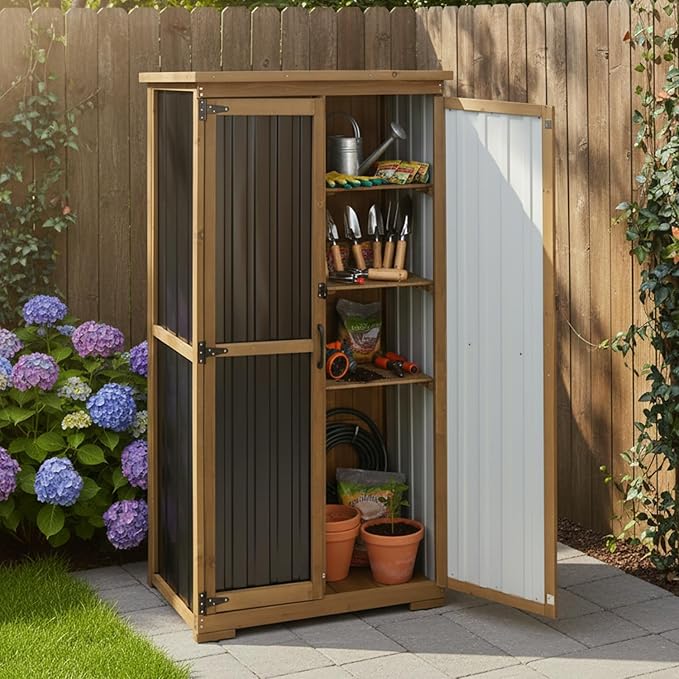 Outdoor Storage Cabinet,Wood & Metal Storage Shed with Adjustable Shelves & Lockable Doors,Vertical Outdoor Cabinets for Backyard Patio, Gardening Tools and Accessories,Brown