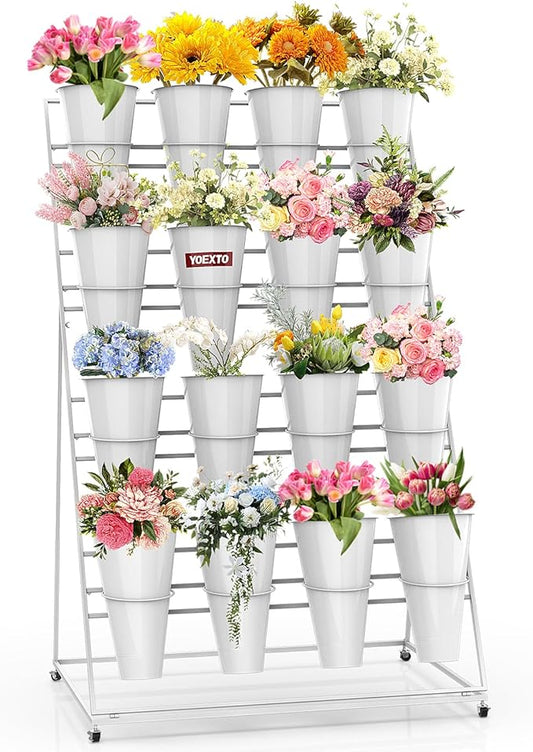 Flower Display Stand with Buckets, 4 Layers 16 PCS Buckets Plant Stand with Wheels, Movable Metal Plant Stand for Terrace Garden, Living Room, Florist Shop (White Frame - White Buckets, 4-Tier)