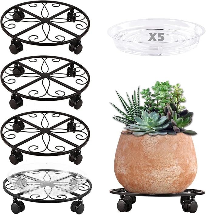 5 Pack Plant Caddy with Wheels Heavy Duty 13.5 Inch Metal Plant Stand on Wheels Plant dolly Rolling Stand Plant Roller with Casters for Indoor and Outdoor with 5 Pack Plastic Saucers, Black