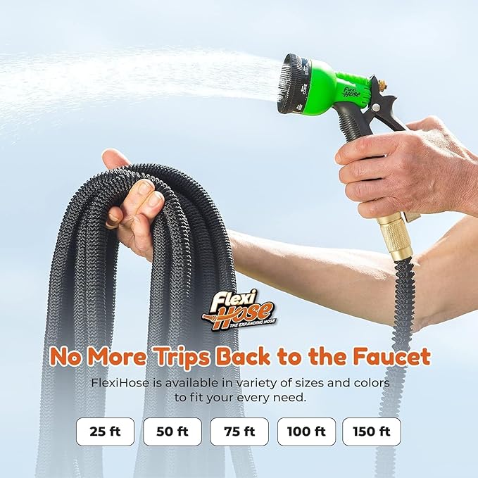Flexi Hose PLUS with 8 Function Nozzle Expandable Garden Hose, Lightweight & No-Kink Flexible Garden Hose, 3/4 inch Solid Brass Fittings and Double Latex Core, 150 ft Black
