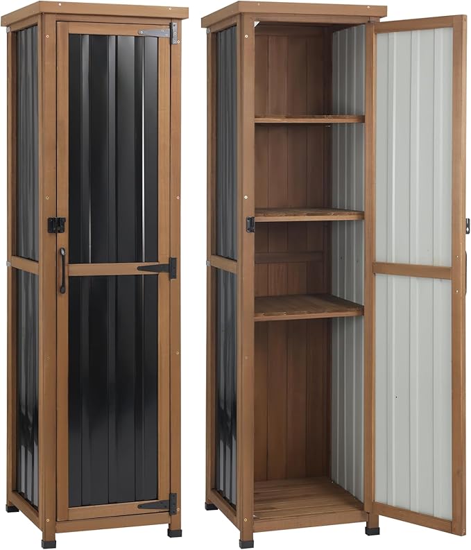 62" H Narrow Outdoor Storage Cabinet with Metal Top, Outdoor Indoor Storage Cabinet Waterproof with Adjustable Shelves for Corner, Patio, Garden, Porch, Laundry Room or Entryway Storage