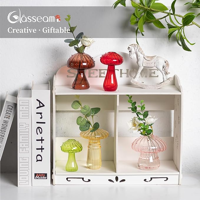 Glasseam Mushroom Planter Propagation Vase, Set of 10 Glass Terrariums for Plants, Cute Hydroponic Small Planter, Colored Propagate Station, Decorative Bud Vases for Flowers, Unique Gifts for Women