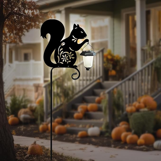 Metal Squirrel Garden Stake, Solar Lights Outdoor Solar-Powered with Lantern-Outdoor Waterproof Pathway and Garden Decorations (Black Squirrel)