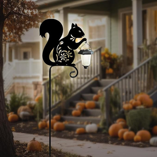 Metal Squirrel Garden Stake, Solar Lights Outdoor Solar-Powered with Lantern-Outdoor Waterproof Pathway and Garden Decorations (Black Squirrel)