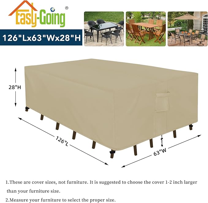 Easy-Going Rectangle Patio Furniture Cover Waterproof Outdoor Dining Table and Chair Cover Anti-UV Outside Sectional Sofa Set Covers (126"L x 63"W x 28"H, Camel)