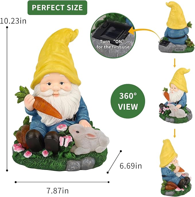 Christmas Gnomes Outdoor Statue Gnome Feeding Rabbit with 6 LED Solar Figurine for Lawn,Patio,Balcony,Yard Decor Unique for Grandfather, Father,Grandma