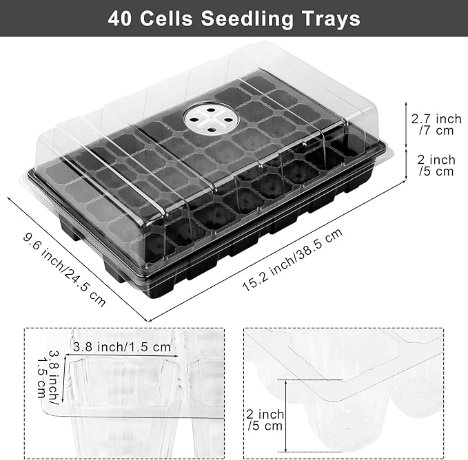 Elcoho 6 Pack Seed Starter Tray Kit 40 Cells Seedling Trays with Humidity Dome and Base Mini Propagator Plant Nursery Pots Total 240 Cells for Greenhouse Plants Growing, Black