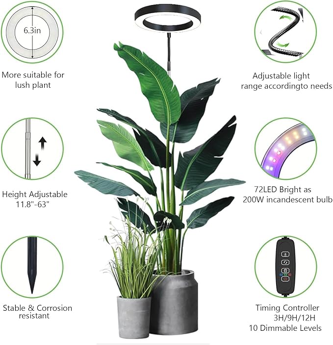 Grow Light for Indoor Plants, 6.3" Full Spectrum LED Plant Grow Light, 11.8-63in Height Adjustable Growing Lamp with Auto Timer 3H/9H/12H, 10 Dimmable Levels (Black 1 Pack)