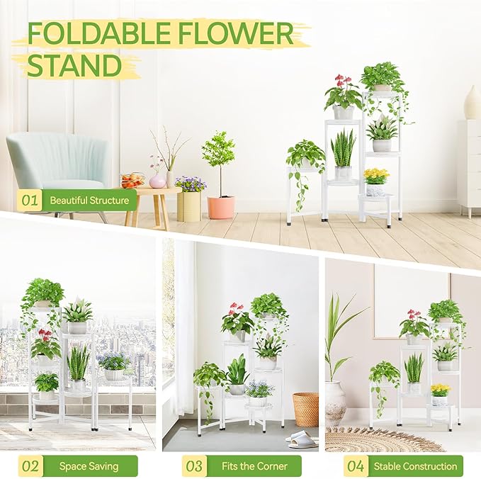 iDavosic.ly Plant Stand Indoor Outdoor, 6 Tier Corner Metal Flower Display Holder Shelf, Easy Assembly Folding Tall Orchid Rack for Patio Balcony Porch Garden Living Room House, Wrought Iron - White