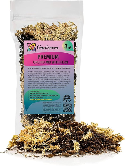 Gardenera Premium Orchid Mix by GARDENERA | Fern + New Zealand Pine Bark + Sphagnum Moss + Perlite | Best for Growing and Repotting Orchids - 3 Quart Bag