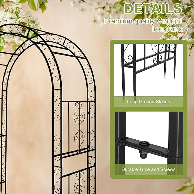 Outvita 7FT Garden Arch Arbor with Entry Door, Heavy Duty Metal Arbour Archway, Decorative Frame Stand Trellis with Ground Stakes for Wedding Ceremony Party Plant Climbing Rose Vines Patio Black