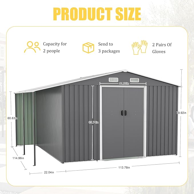 10x12 FT Outdoor Storage Shed,Extra Large Metal Garden Tool Shed with Lockable Doors,Windows & Air Vents,Dual-Zone Design Outside Steel Tiny House for Backyard, Patio Lawn,Dark Gray