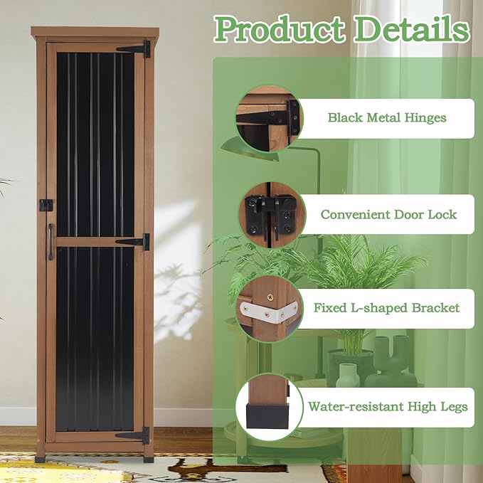 62" H Narrow Outdoor Storage Cabinet with Metal Top, Outdoor Indoor Storage Cabinet Waterproof with Adjustable Shelves for Corner, Patio, Garden, Porch, Laundry Room or Entryway Storage