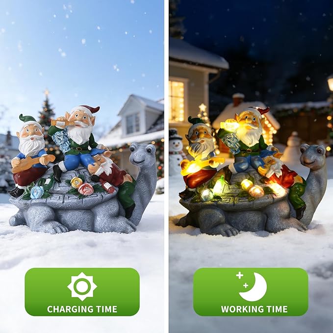 Upgraded Size Christmas Gnomes Outdoor Statue Three Gnomes Having Party on Turtle with 7 LED Solar Figurine for Garden Lawn,Patio,Yard Decor Unique for Grandfather, Father,Grandma,Wen
