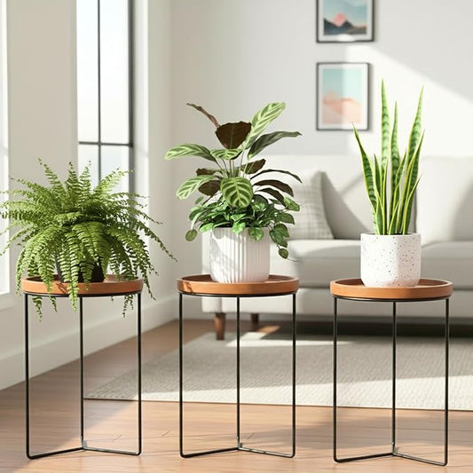 Indoor Metal Plant Stands with Wooden Tops, Holds Pots up to 12" Diameter, 120 lb Capacity Each - 9" Wood Top Plant Stand - 3-Pack