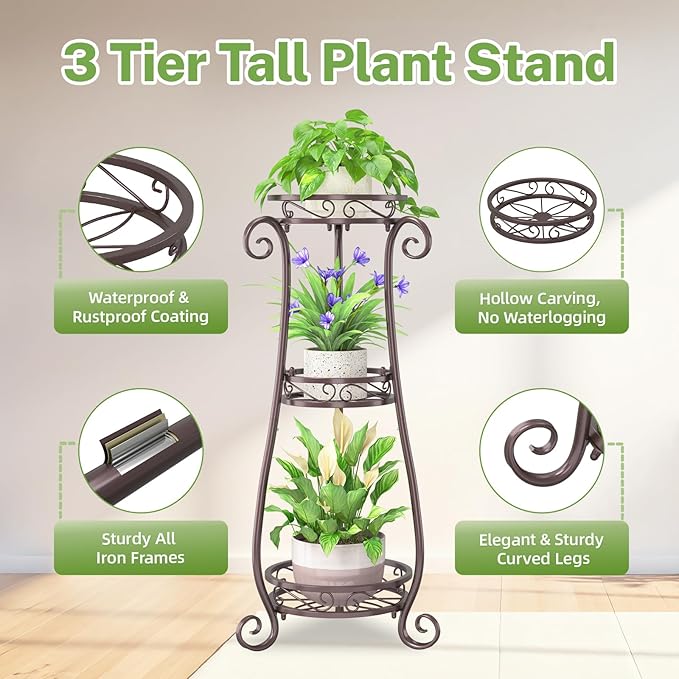 iDavosic.ly 3 Tier Metal Plant Stand Indoor Outdoor, Wrought Iron Corner Tall Flower Pot Holder Shelf, 34 Inch Vertical Heavy Duty Display Rack for Patio Porch Living Room Garden, Bronze