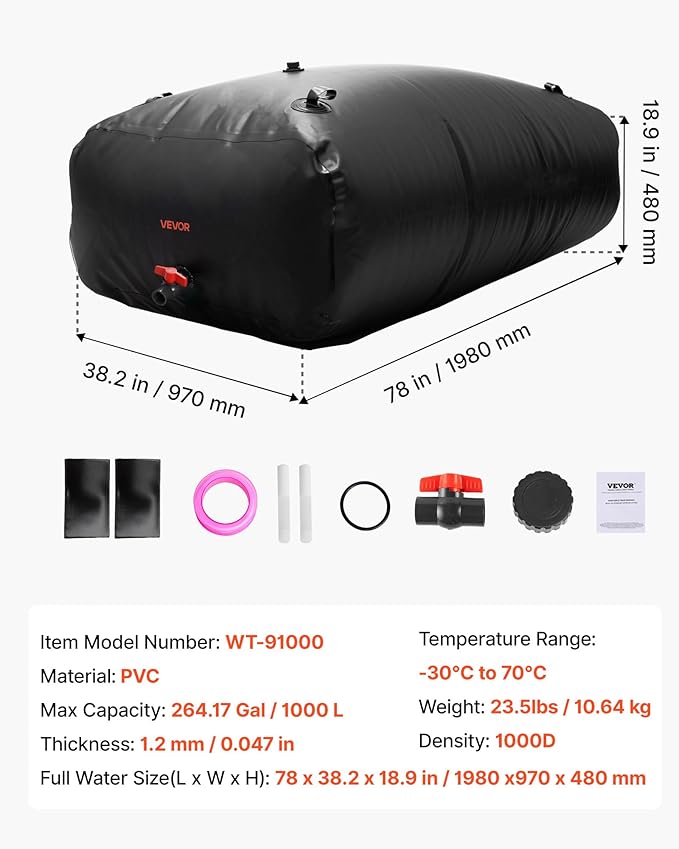 VEVOR Water Storage Bladder, 264 Gallon (1000L) Water Storage Container Tank, 1000D PVC Large Capacity Soft Bag Bladder, Collapsible Portable for Garden Irrigation, Camping, RV, Emergency Use - Black