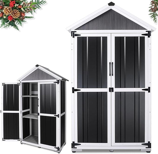 Outdoor Storage shed Small Storage shed with Floor Wooden Frame Lockable Metal Door Adjustable Shelves Cabinets Waterproof Large Capacity Storage Tool Cabinet Box for Backyard Garden Patio Lawn