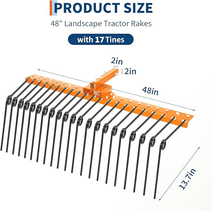 48 in Durable Pine Straw Rake Steel Spring Landscape Rake Fits 2 in Receiver for Lawn Tractors or ATV/UTV, Orange