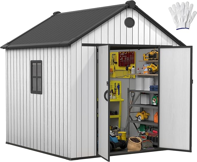 DWVO 8x8 FT Outdoor Storage Shed, 359 cuft Plastic Storage Shed with Lockable Door & Floor, All-Weather Tool Garden Shed with Window & Vent for Patio Furniture Bike Lawn Mower Pool Supplies, Gray