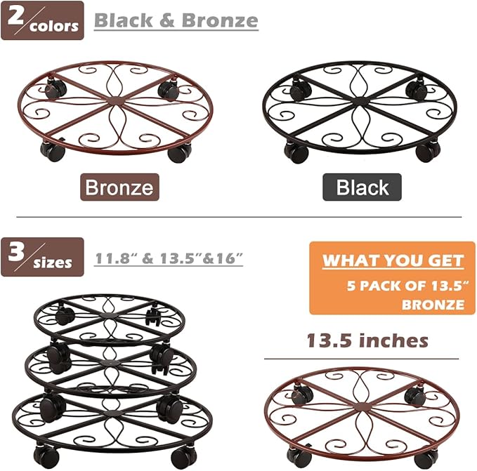 5 Pack Plant Caddy with Wheels Heavy Duty 13.5 Inch Metal Plant Stand on Wheels Plant dolly Rolling Plant Stand Plant Roller with Casters for Indoor and Outdoor with Plant Saucers, Bronze