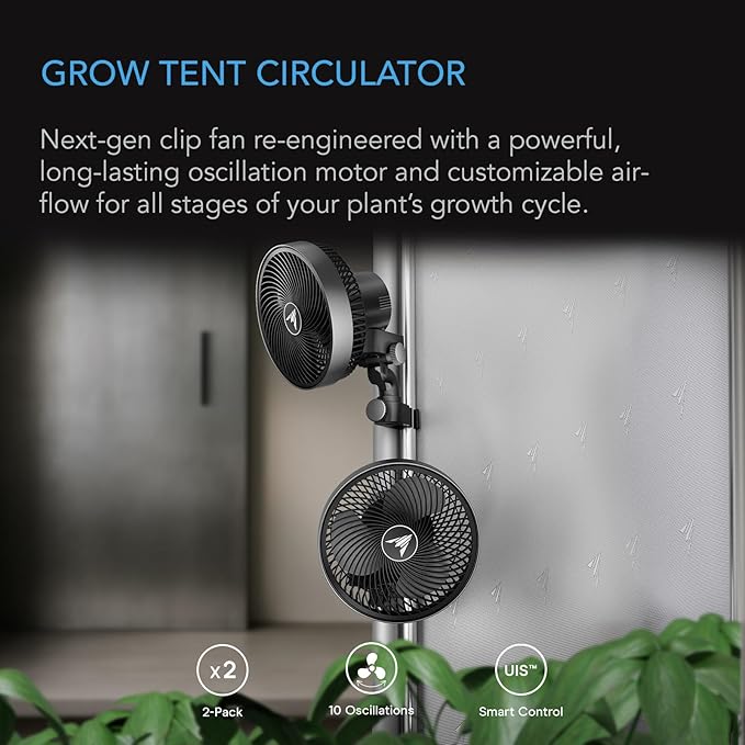 AC Infinity CLOUDRAY S9 2-Pack, Grow Tent Clip Fan 9” with Redesigned Long-Life EC Motor, Custom 10 Dynamic Wind Speeds and 10-Level Oscillation, for Hydroponics Circulation Cooling, 2-Count