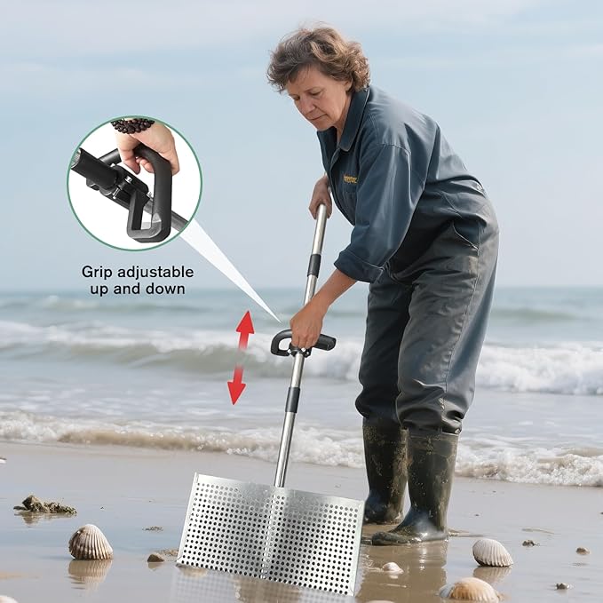 Sand Flea Rake - Heavy Duty Stainless Steel Sand Scoop Detachable 47" Long Handle Sand Sifter for The Beach with 16" Width Basket Metal Detecting Tool for Collecting Shark Teeth (Silver)