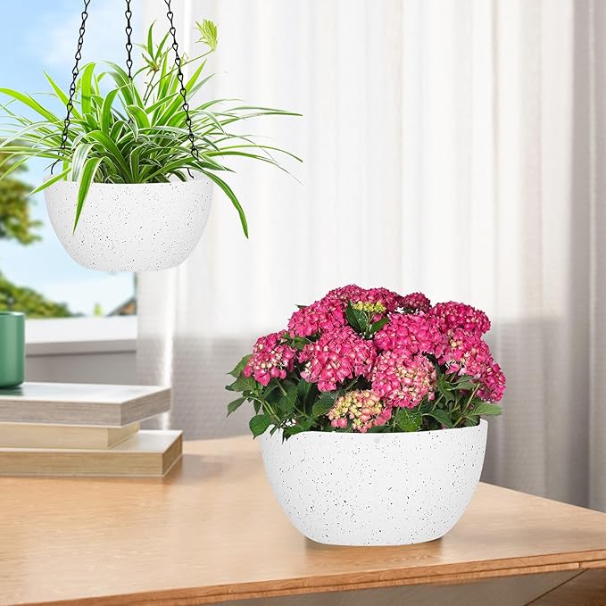 13 inch Hanging Planters for Indoor Outdoor Plants, 2 Pack Hanging Pots with Drainage Holes and Chain, Plastic Hanging Flower Pots for Garden Home Decor, Speckled White