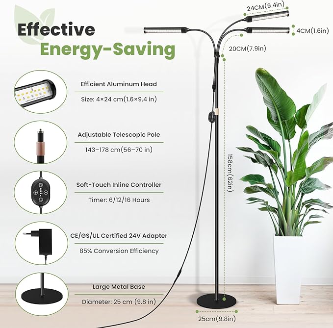 Large Plant Lights for Indoor growing 24V, 660nm-Enhanced Full Spectrum, LM281B+ LED Grow Light, Plant Light with Timer & Dimming, Adjustable Height 22–70in, 9.8in Base, 28W, 560μmol/s/m²@6in