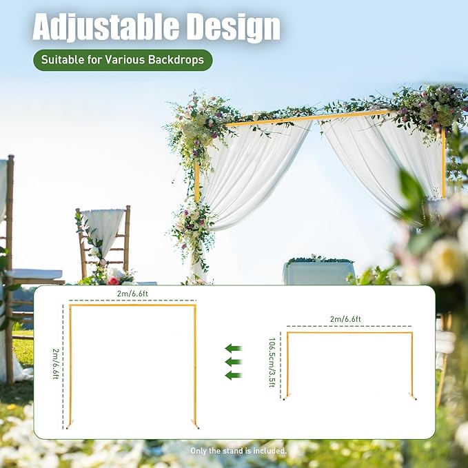 6.6*6.6FT Wedding Arch Stand for Ceremony Gold Square Modern Metal Balloon Arch Stand Kit Garden Floral Arch Frame Background for Anniversary Birthday Party Decoration Home Garden Outdoor Lawn Decor