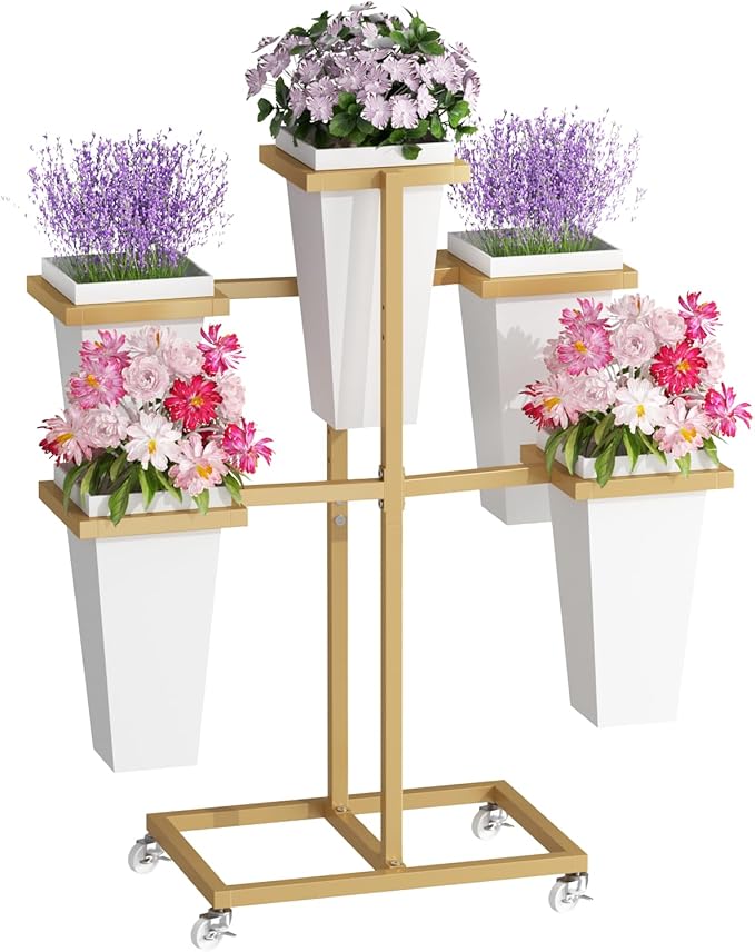 Flower bar Stand with Buckets, Moving Flower display stand with Wheels, Metal Flower cart for Bridal Shower, Wedding, Party, Garden, Gold