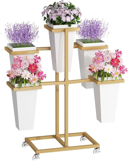 Flower bar Stand with Buckets, Moving Flower display stand with Wheels, Metal Flower cart for Bridal Shower, Wedding, Party, Garden, Gold