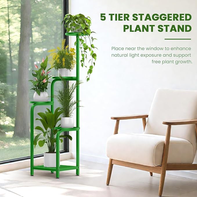 TOSKING 5 Tier Tall Plant Stand Indoor Outdoor, Heavy Duty Corner Shelf for Plants & Christmas Home Decor, Space Saving 3.9FT Metal Flower Pot Stand for Balcony, Garden, Living Room, Patio (Green, 47in)