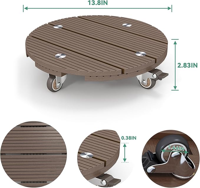 mondaria 2 Pack Plant Caddy with Wheels, 13.8" Wood Plastic Composite Plant Stand, Heavy Duty Round Plant Dolly with Metal 360° Lockable Caster Wheels for Large Plant Pots, Flower Pot ,Dark Brown