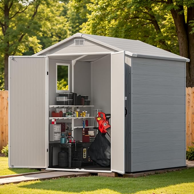 Patiowell 6X6 FT Outdoor Storage Shed with Lockable Door and Floor - Resin Garden Tool Shed with Window, Waterproof Easy Assembly for Backyard, Lawn, Patio Furniture Storage (Light Grey)