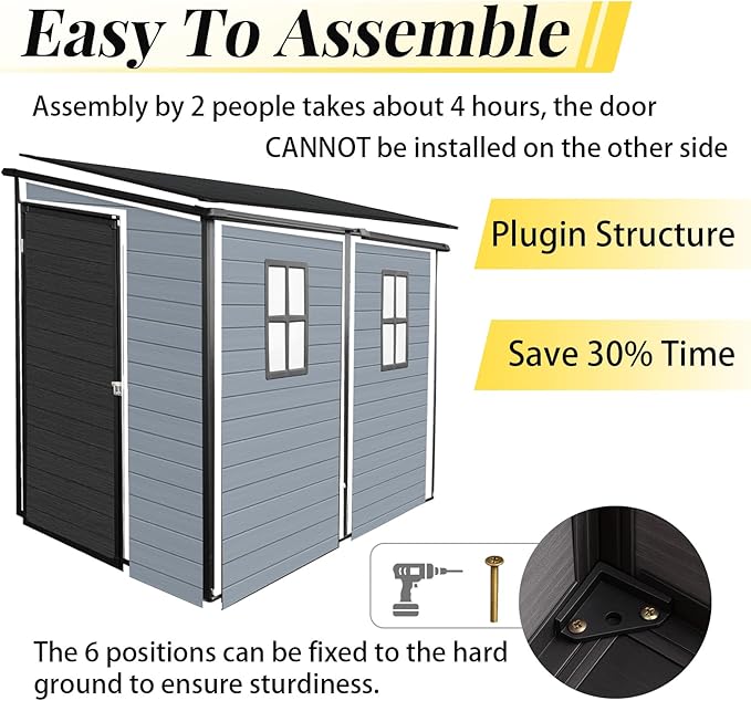 4x8ft Lean to Shed, Resin Outdoor Storage Shed with Floor and 2 Windows, Plastic Sheds & Outdoor Storage Clearance for Patio Furniture, Garden Tools Bike Accessories, Beach Chairs, Black+Grey