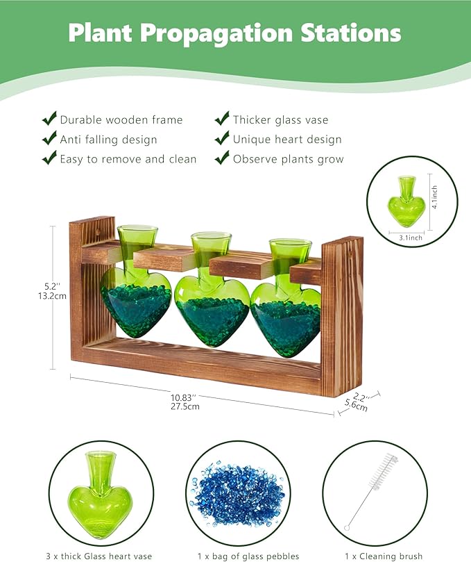 Nacome Plant Terrarium Propagation Stations: Christmas Gifts for Plant Lovers Women Mom Wife - Wooden Stand Tabletop Planter 3 Bulb Glass Vase Heart Shaped for Hydroponics Indoor Home Decor(Green)
