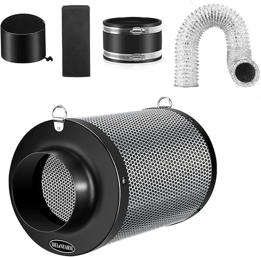 MELONFARM 4 Inch Air Carbon Filter Smelliness Control with Australia Virgin Charcoal, Odor Removal for Grow Tent, Inline Fan, 8' Ducting, Cooling & Vent Cover Included, Insulated Flange 4" x 10.3"