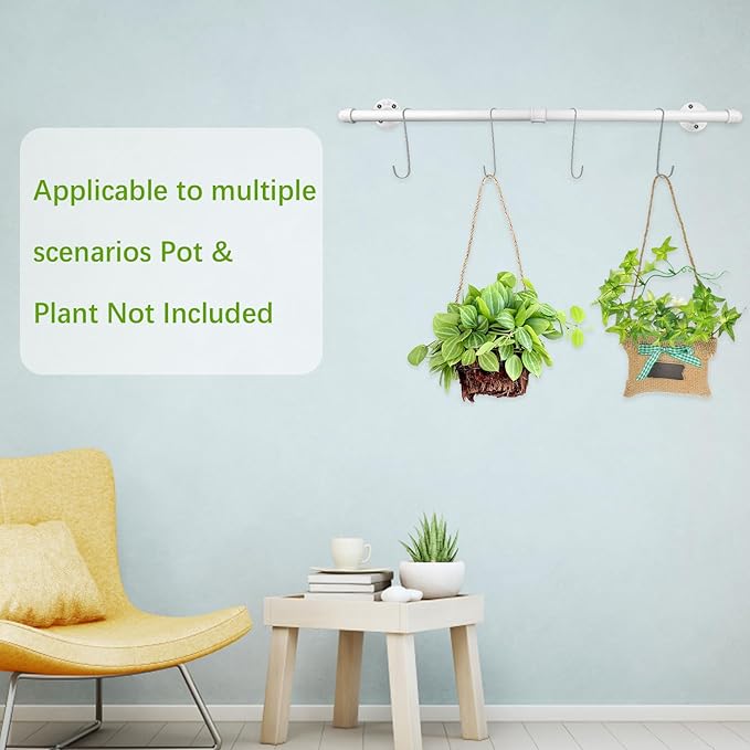 Yoiemivy Hanging Planter Bar with 4 Pcs Hooks White Wall Mount Planter Hanger Rod Minimalist Flowerpot Hanger Metal Plant Hanger for Window Wall Ceiling Herb Garden (White)