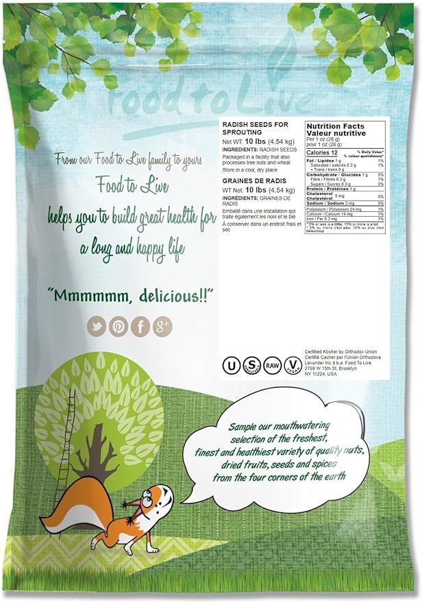 Food to Live Radish Seeds for Sprouting, 10 Pounds - Edible Seeds, Pure, Vegan, Kosher, Bulk. Rich in Vitamin C. High Germitation Rate. Grow Sprouts, and Microgreens for Salad, Sandwiches, Rolls.