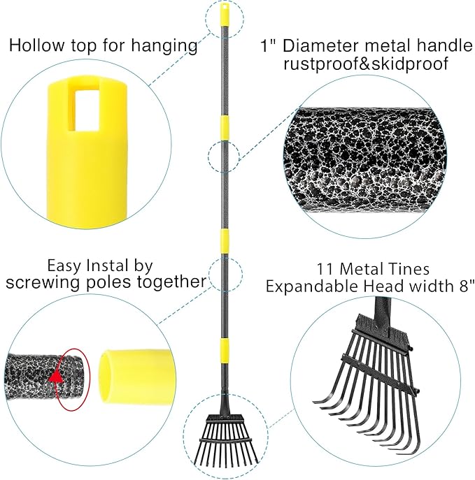 Rake for Leaves, 11 Tines 9" Wide Metal Leaf Rake with 32 Gallon Lawn and Leaf Bags & Scoops for Garden Adult Kids Lawn Shrub Yard Landscape Heavy Duty Long Handle 30-60
