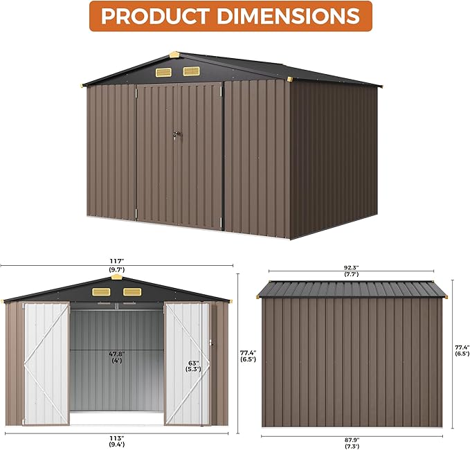 IRONCK 10x8FT Outdoor Storage Shed with Breathable Vent, Galvanized Steel Metal Tool Shed with Lockable Doors for Yard Bins/Generator/Wheelbarrow Garden Storage, Brown