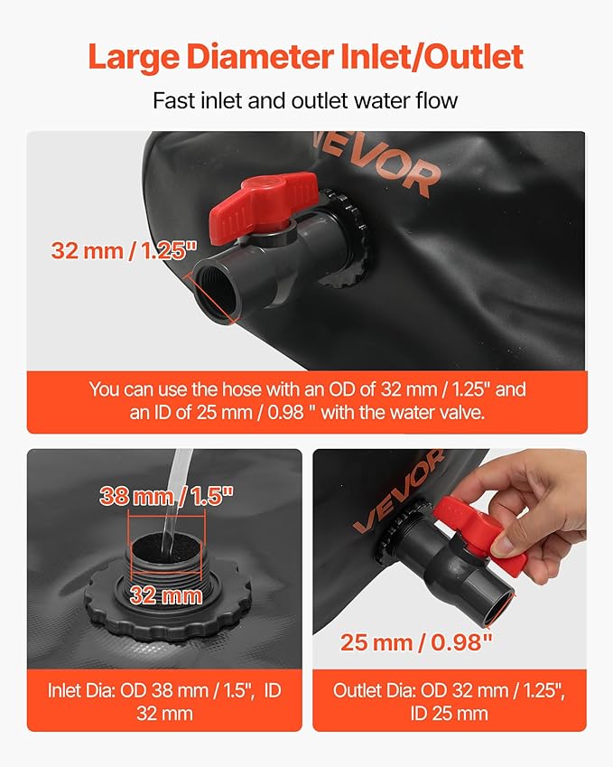 VEVOR Water Storage Bladder, 142.7 Gallon (540L) Water Storage Container Tank, 1000D PVC Large Capacity Soft Bag Bladder, Collapsible Portable for Garden Irrigation, Camping, RV, Emergency Use - Black