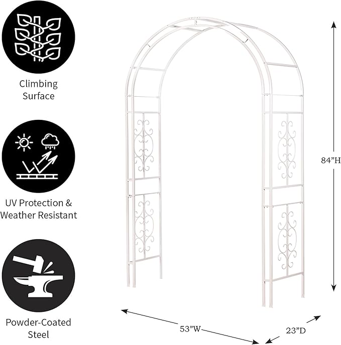 Plow & Hearth Arch Metal Outdoor Garden Arbor, 84 inches Tall, Iron Trellis Lattice for Climbing Plants, Wedding Arch, Outdoor Patio Décor (Montebello-White)